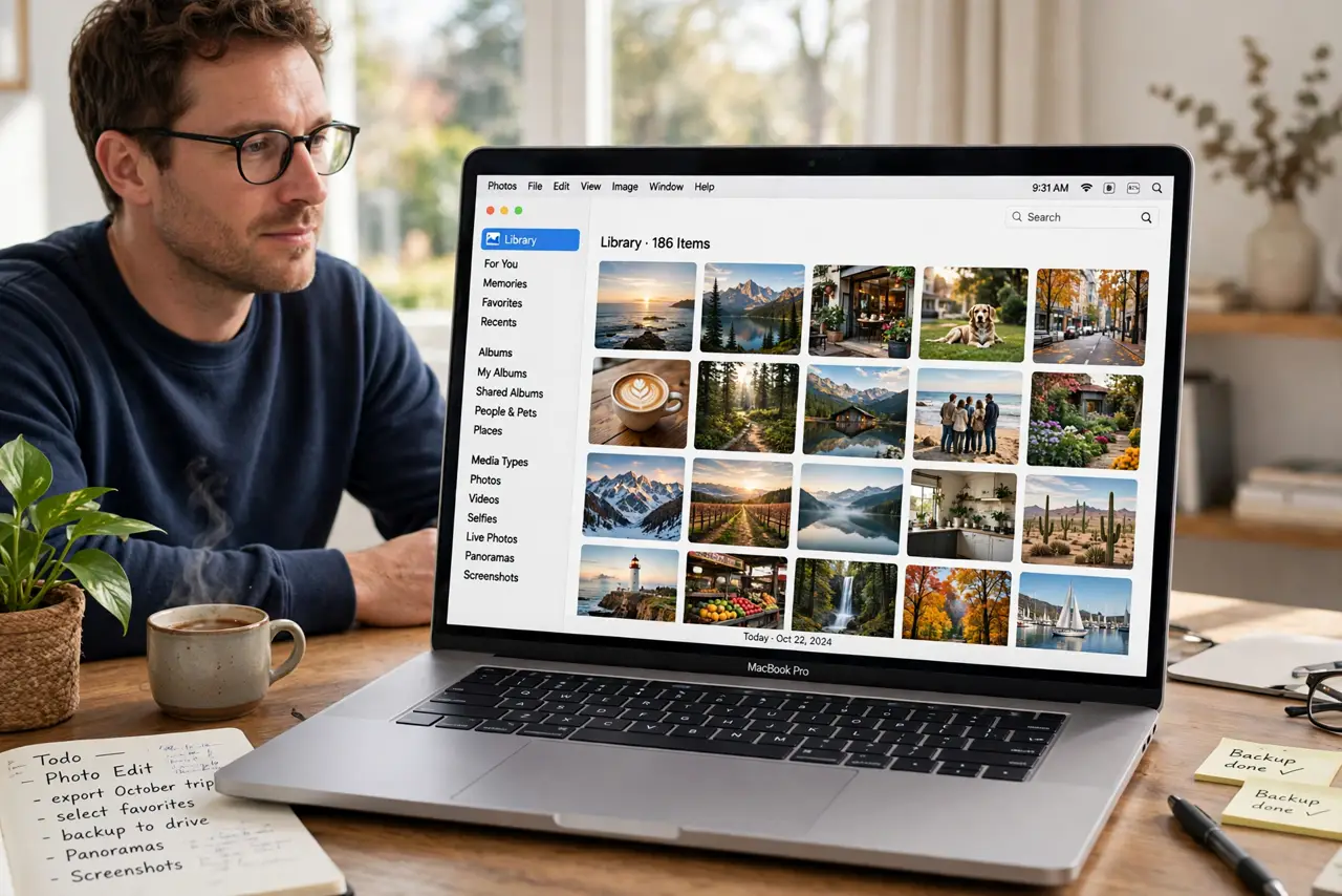 a relaxed adult at a desk with a real Mac laptop open, Photos app visible on the real screen with a photo library grid complete and legible, the person looking at the screen calmly.
