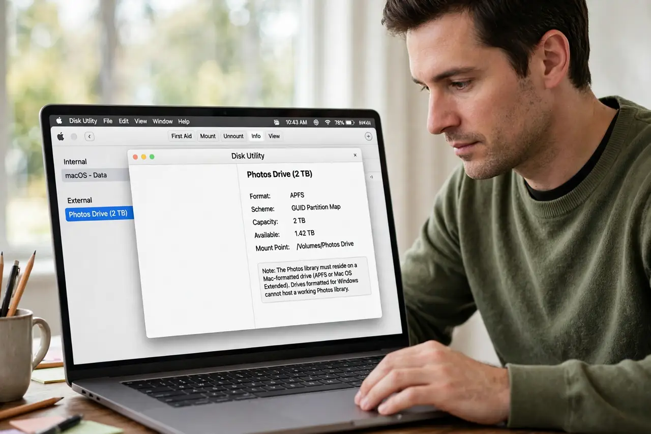 A person performing step 1 of the guide: Check the drive's format. The library must live on a Mac-formatted drive (APFS or Mac OS Extended). Drives formatted for Windows cannot h...