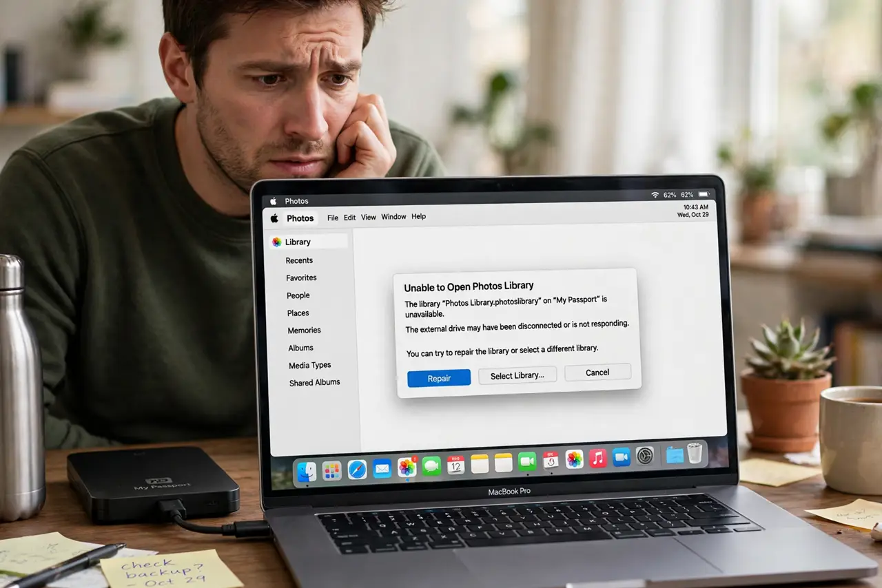 a worried adult looking at a real Mac showing the Photos app with an error dialog about the library and fully legible text, an external drive connected.