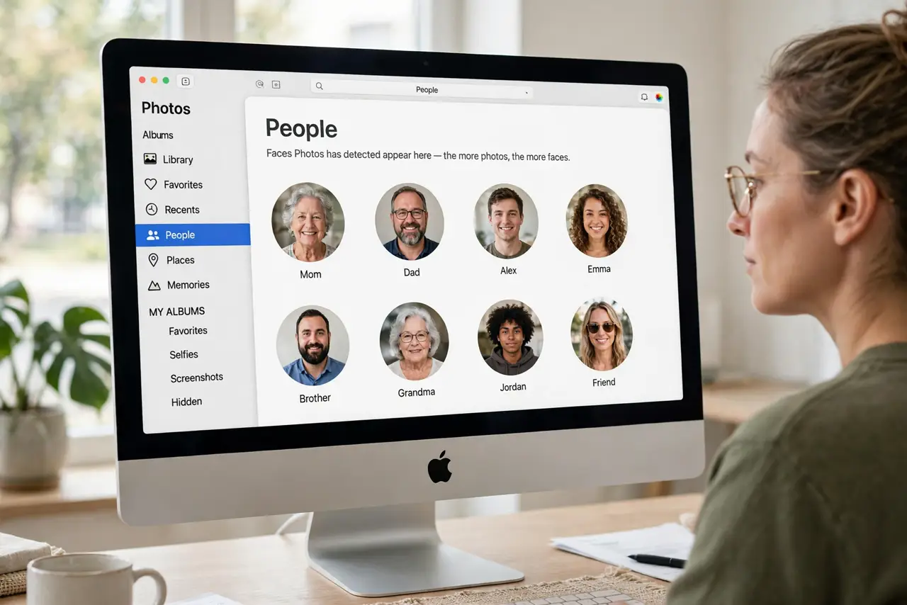 A person performing the first step of the guide: Open the People album. In Photos on Mac, click People in the sidebar. Faces Photos has detected appear here.