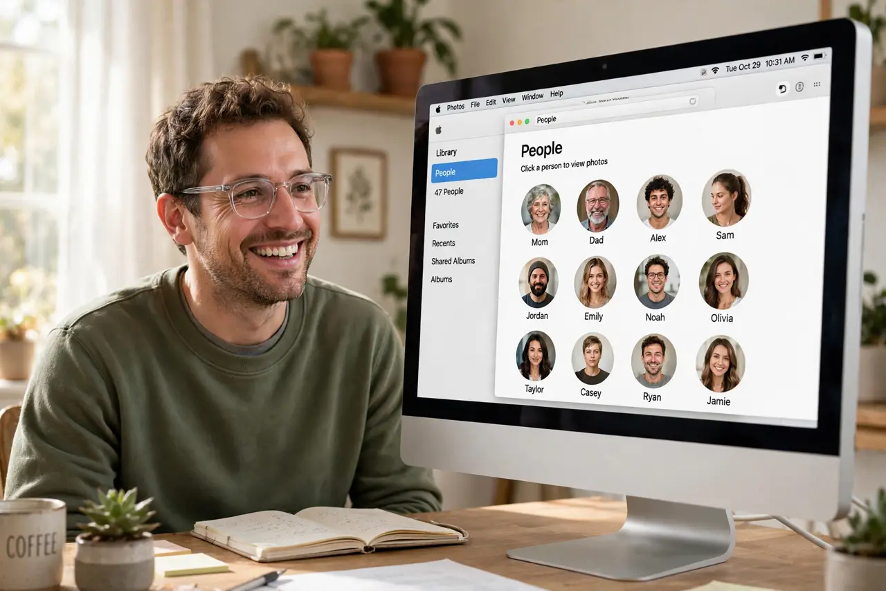 A person browsing the real People album in the Mac Photos app with legible face thumbnails, the person's face delighted, bright home office. No black.