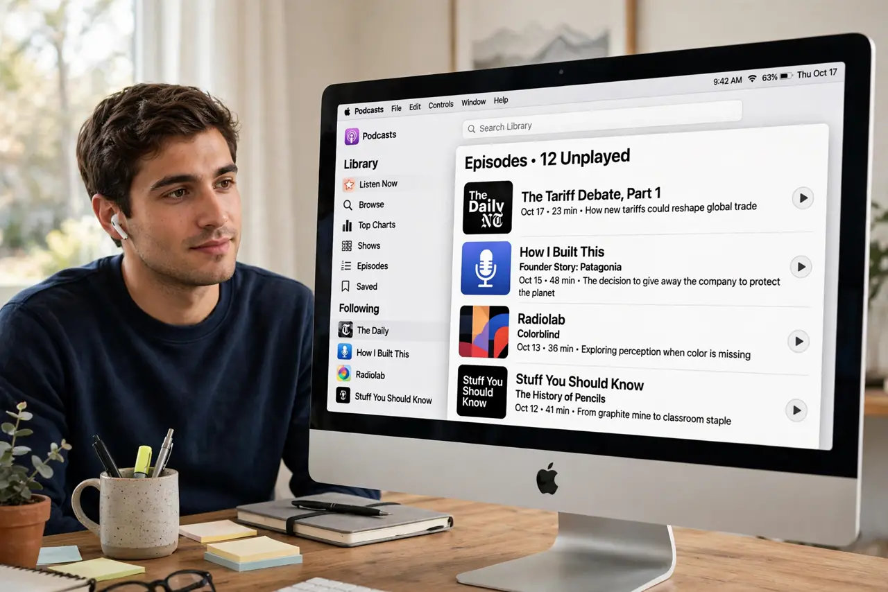 A person listening with real earbuds at a desk, a real Mac screen showing the Podcasts app with a legible episode list, the person's face relaxed and…
