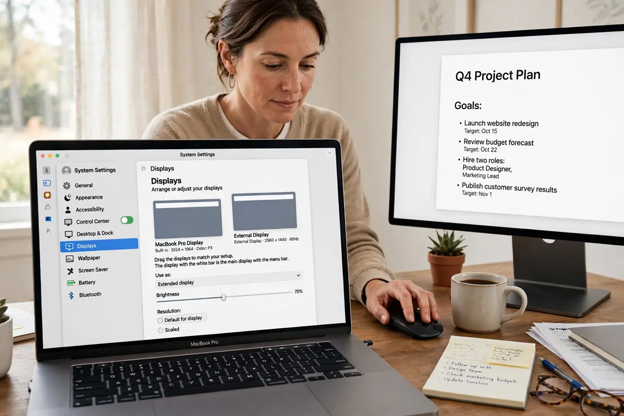 a focused adult at a desk with a real Mac laptop and an external display, Displays arrangement visible on the real screen complete and legible, the person moving the mouse calmly.