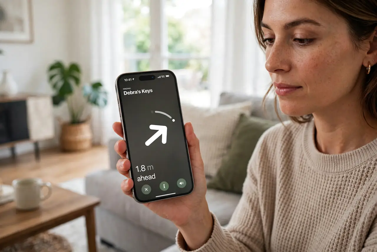 a person holding a real iPhone showing Precision Finding with a directional arrow and distance to an AirTag, legible on screen, a living room around them, the person's face focused, daytime.
