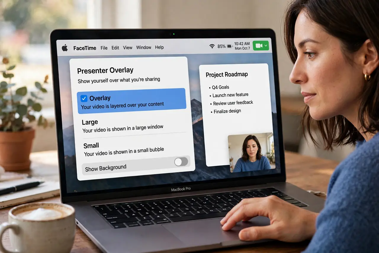 A person performing the guide's first step: Find the overlay control. During any video call, click the video/FaceTime icon in the menu bar — the one that appears when your camera is…