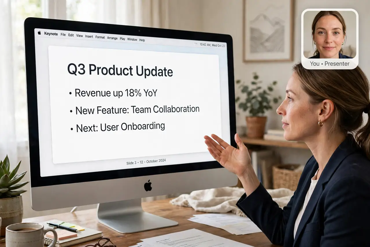 A person presenting on a real Mac with the screen showing a legible slide deck and the presenter's face in an overlay bubble, the person gesturing naturally, home office..