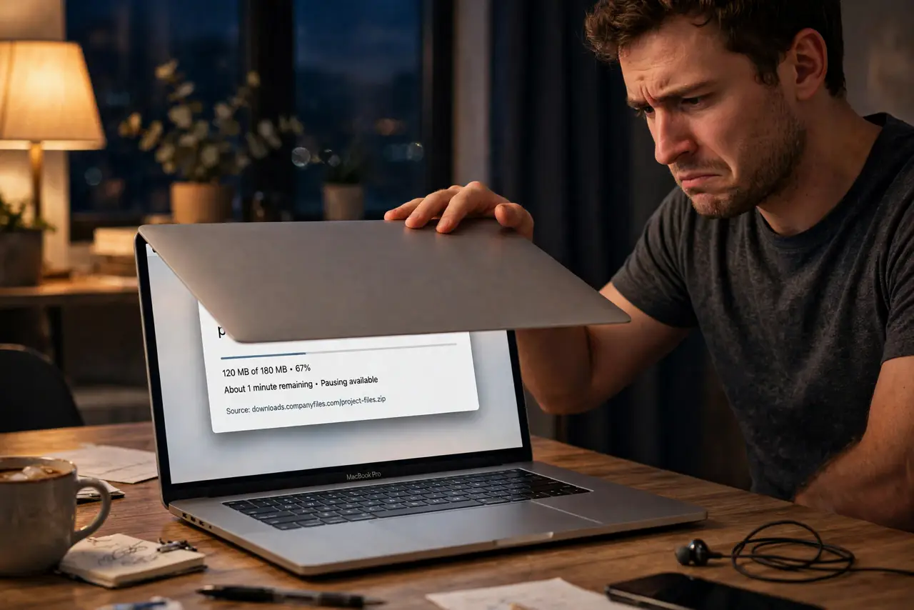 A person closing a MacBook lid at night on a desk, the laptop screen going dark, a download progress window barely