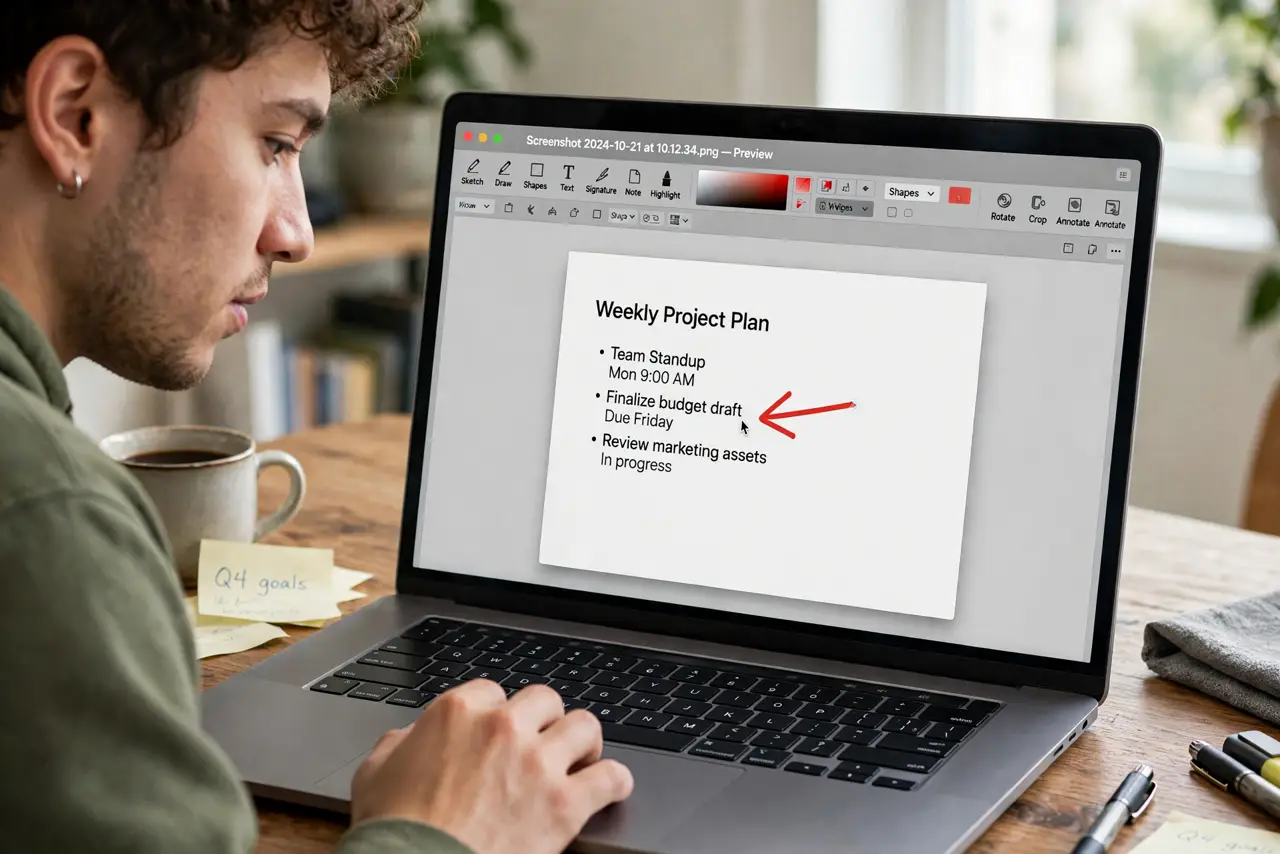 A person drawing a red arrow on a screenshot in Preview on a real MacBook, the markup toolbar with shapes and text tools fully legible, the person's face engaged.