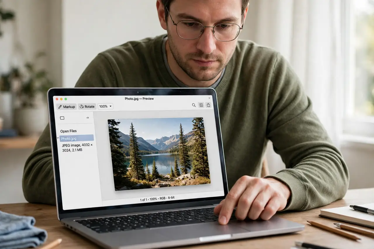 A person performing the first step of the guide: Open in Preview.