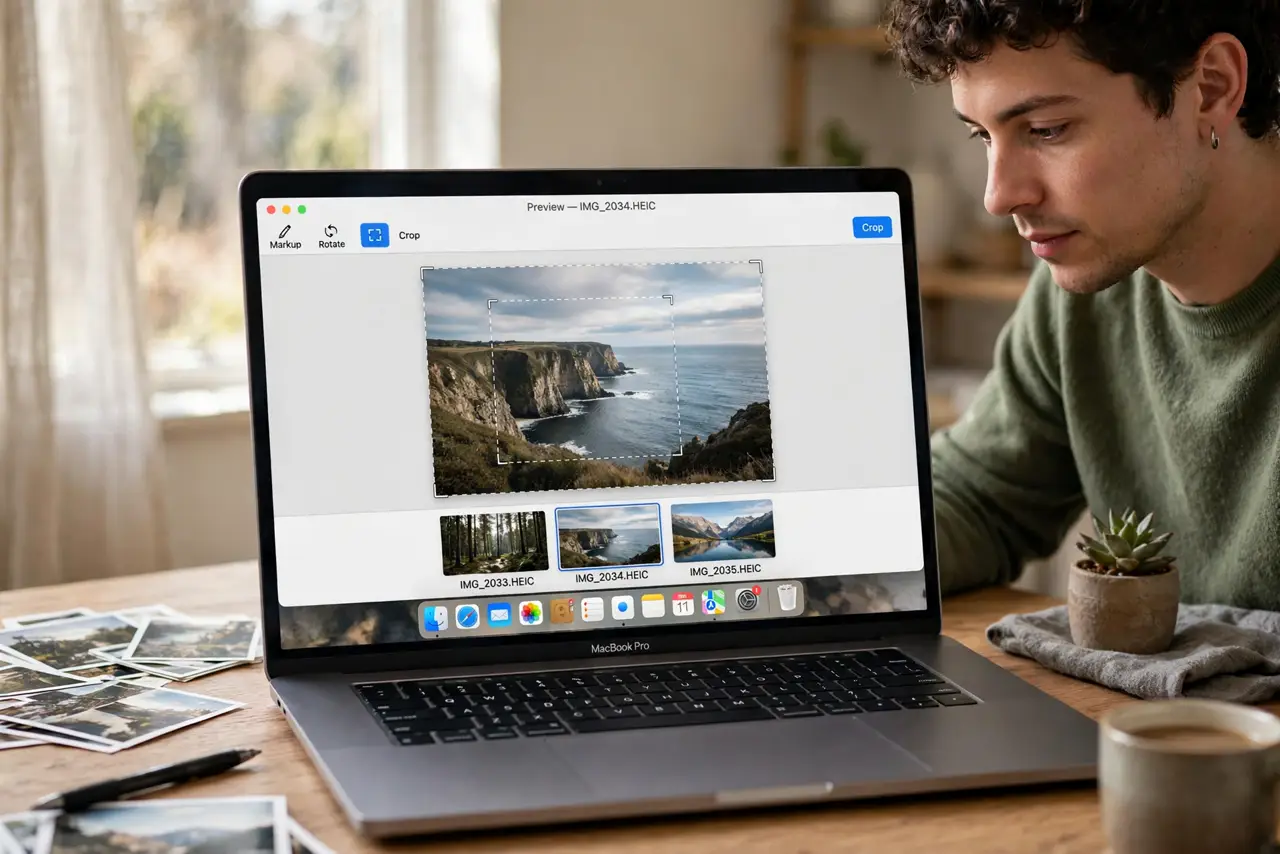a person cropping a real photo in Preview on a Mac with the selection box and crop button legible, the person's face efficient, photo thumbnails nearby.