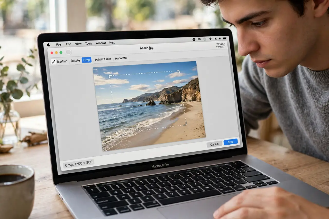 A person dragging a crop selection box over a photo in Preview on a real MacBook, the image and selection fully legible, the person's face concentrated.