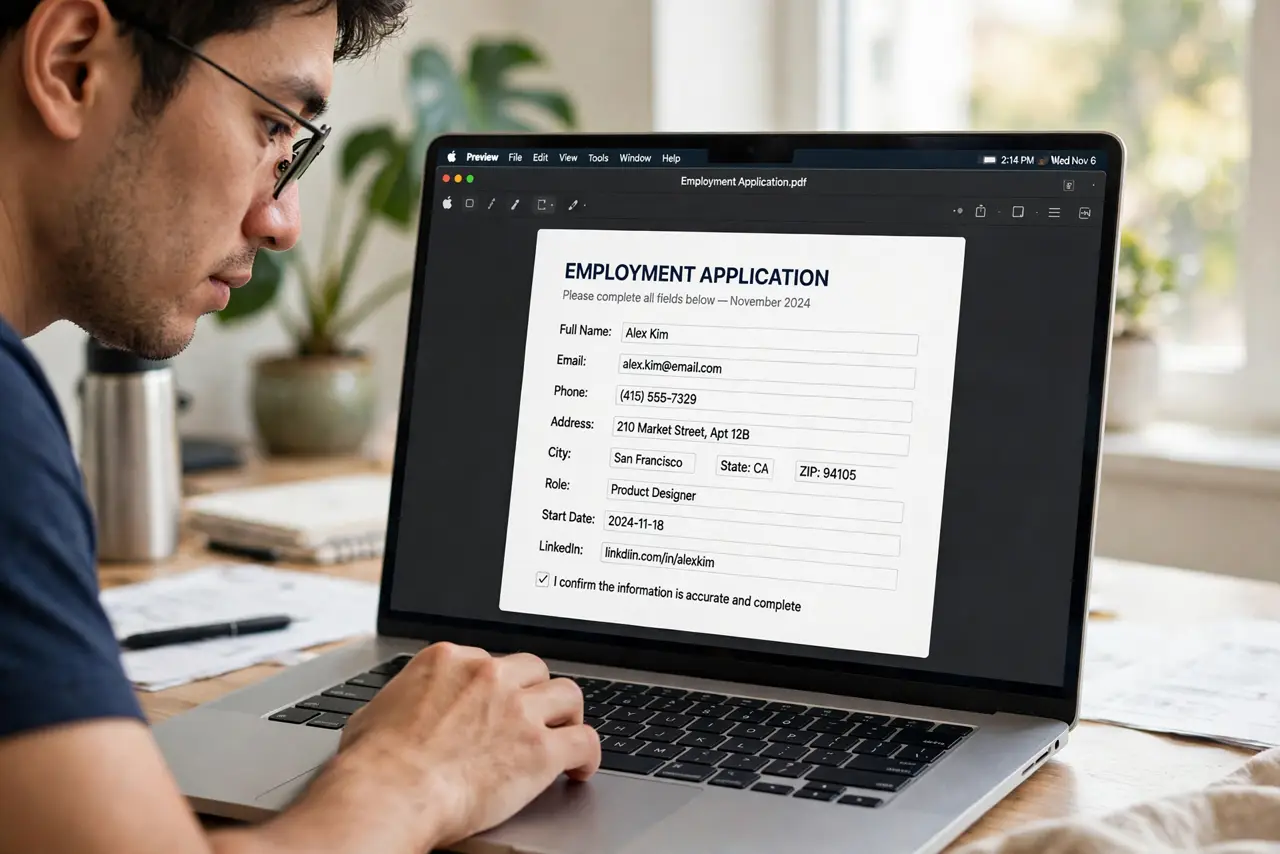 A person typing into form fields of a PDF in Preview on a real MacBook, the filled fields fully legible, the person's face focused.