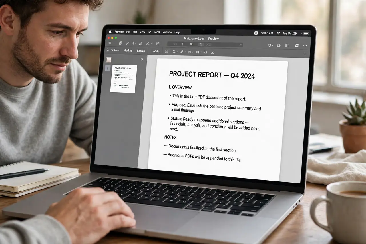 A person performing step 1: Open the first PDF in Preview.