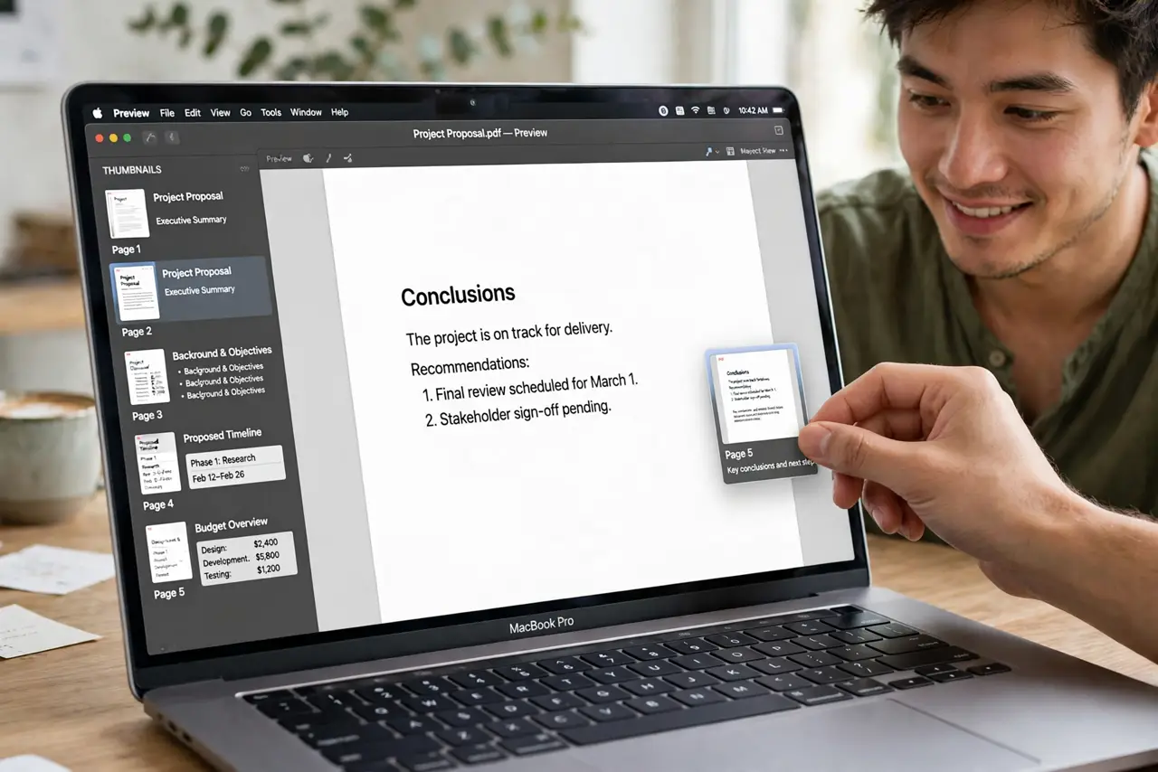 A person dragging PDF page thumbnails into the sidebar in Preview on a real MacBook, the thumbnail strip with multiple pages fully legible, the person's face satisfied.