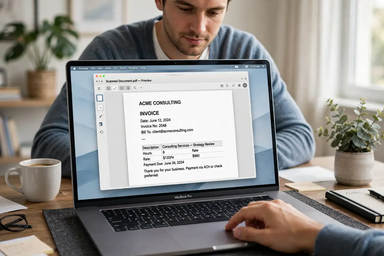 Photoreal photo of a person performing the first step: Open the scanned PDF in Preview. Double-click the scan — it should open in Preview. If anoth...
