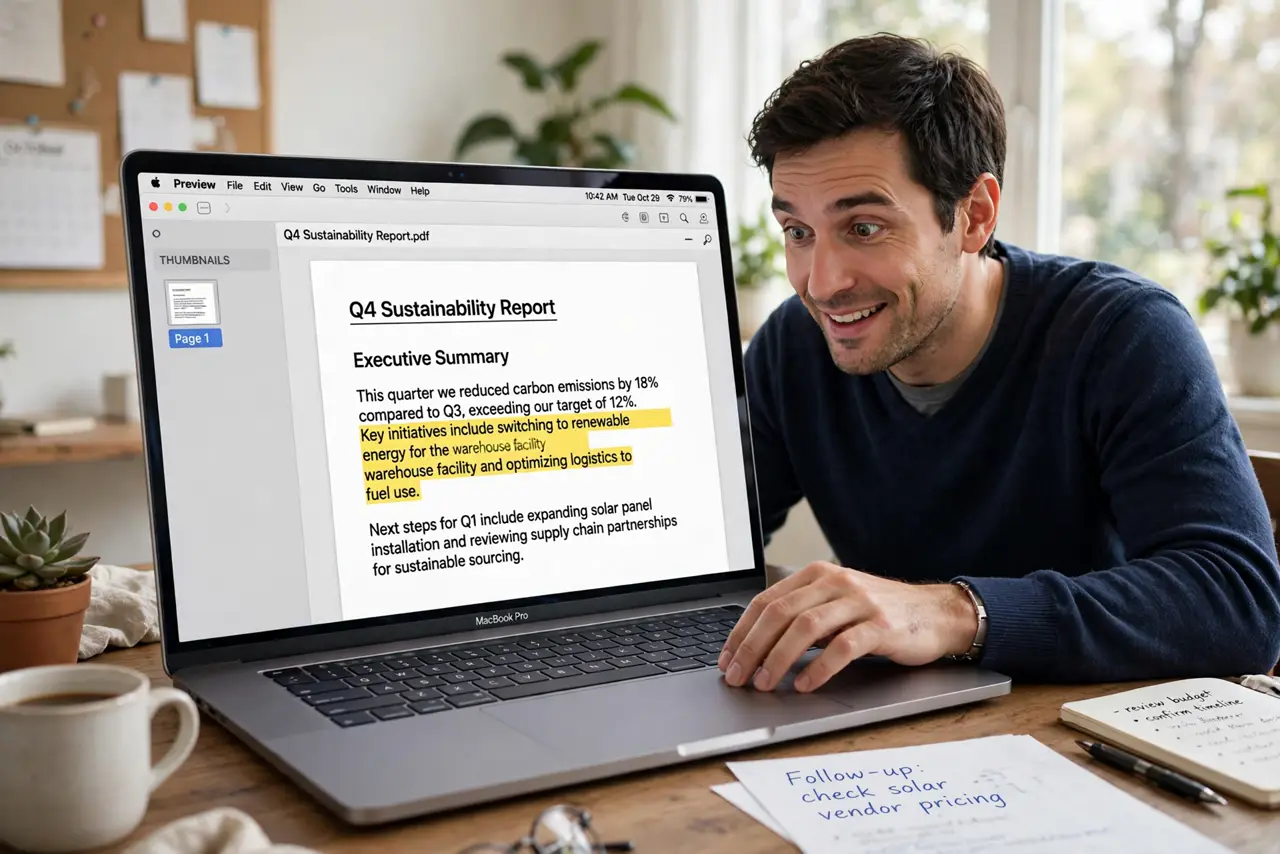 Photoreal photo: a person selecting text in a scanned PDF open in the real Preview app on a real Mac, the text highlighting as it's selected, the person's face pleasantly surprised, home office. No black screen, no...