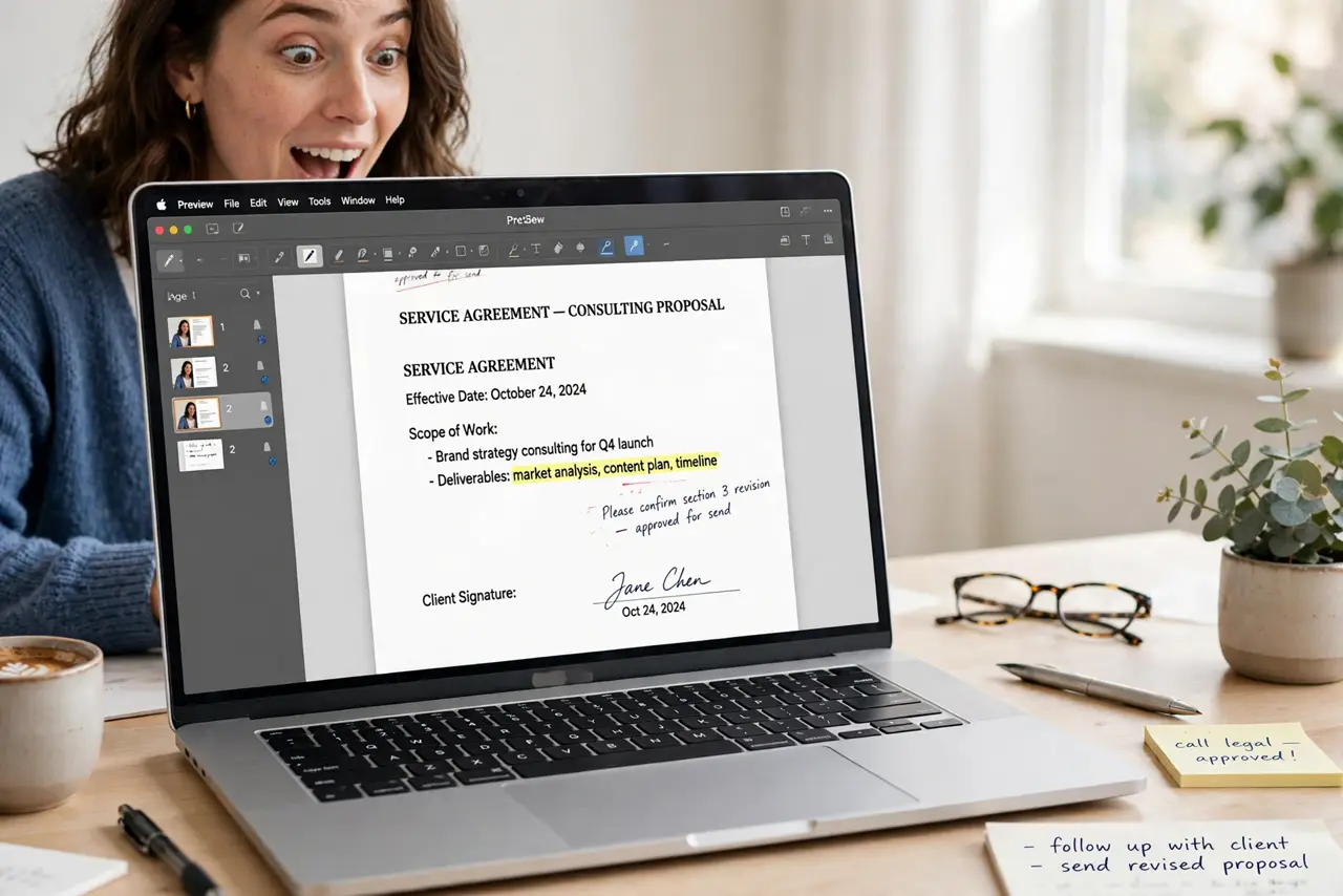 A person working on a real MacBook with Preview open showing a PDF with markup annotations and signature legible on screen, the person's face pleasantly…