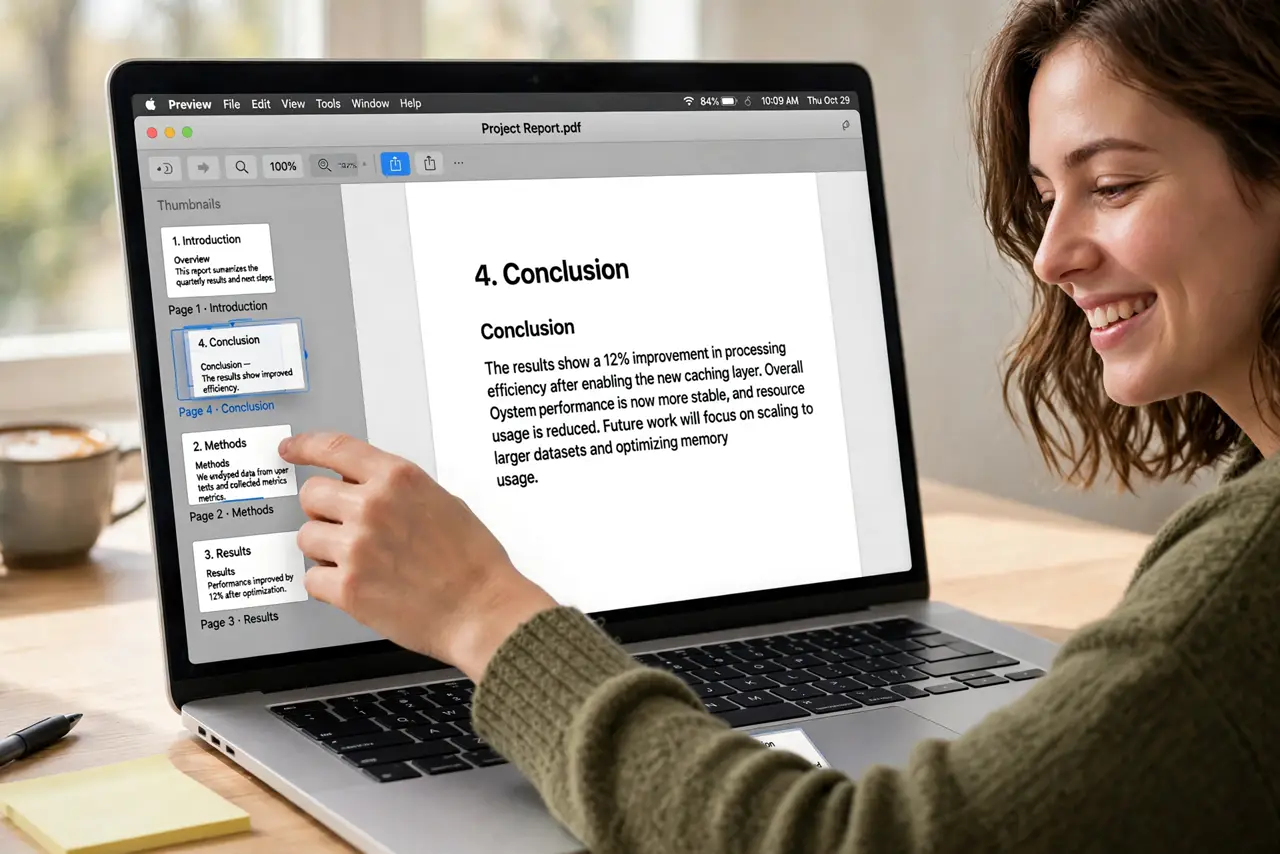 A person dragging a page thumbnail to a new position in Preview's sidebar on a real MacBook, the reordered thumbnails fully legible, the person's face relieved.