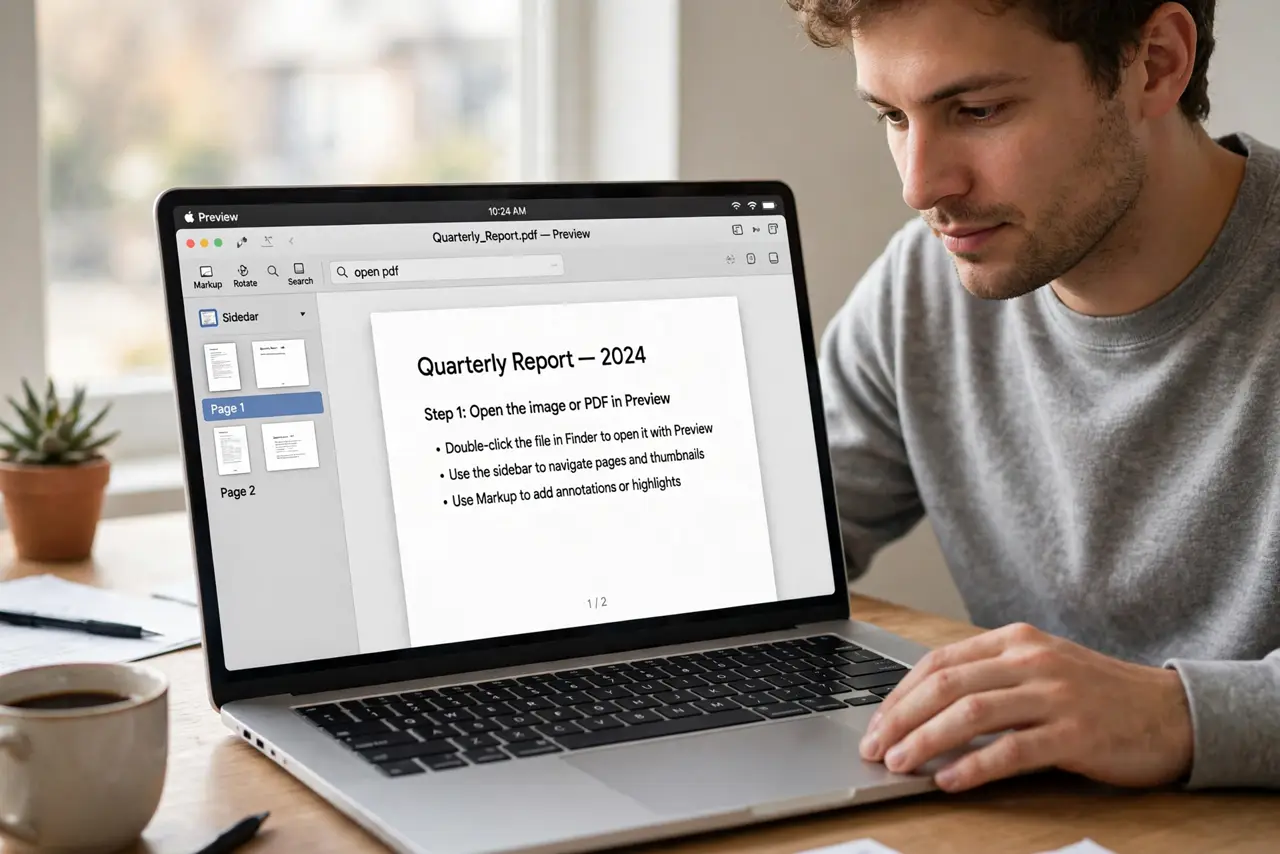 A person calmly performing the guide's first step: Open the image or PDF in Preview.