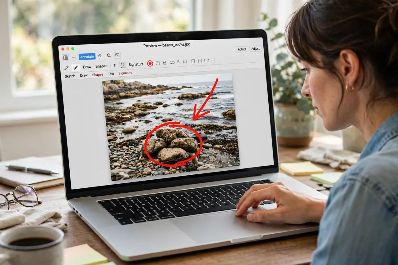 a person using a real Mac, Preview open showing a photo with a red arrow and circle drawn on it, the markup toolbar visible, the person's hand on the trackpad, face focused. No bla.