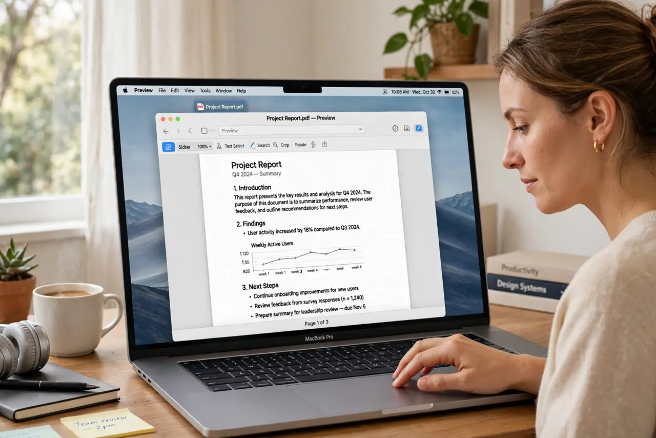 Photoreal photo of a person performing the first step: Open the PDF in Preview. Double-click the PDF — it should open in Preview by default. If ano...