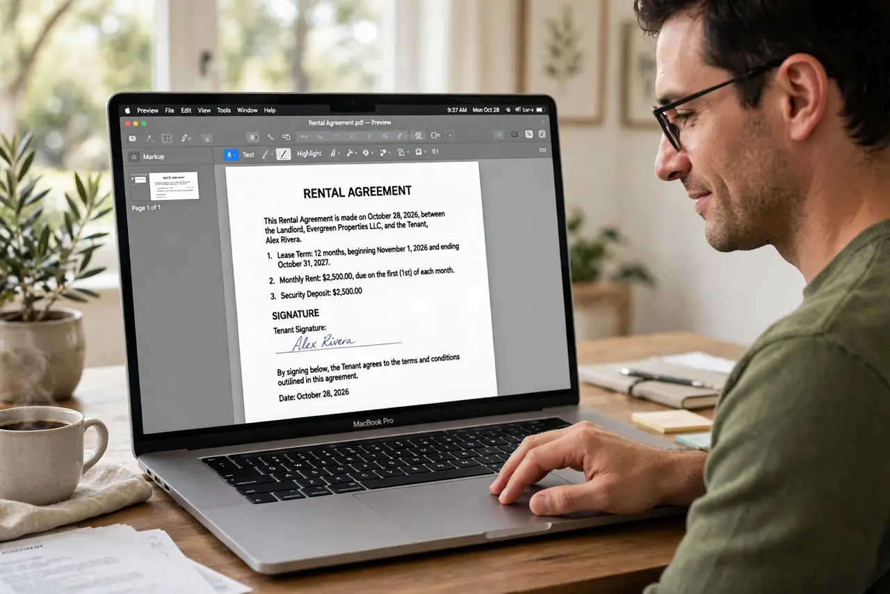 Photoreal photo: a person signing a real PDF on a Mac, the Preview window showing a legible document with a signature being placed, the person's face focused, bright home office. No black screen, no blank white scr...