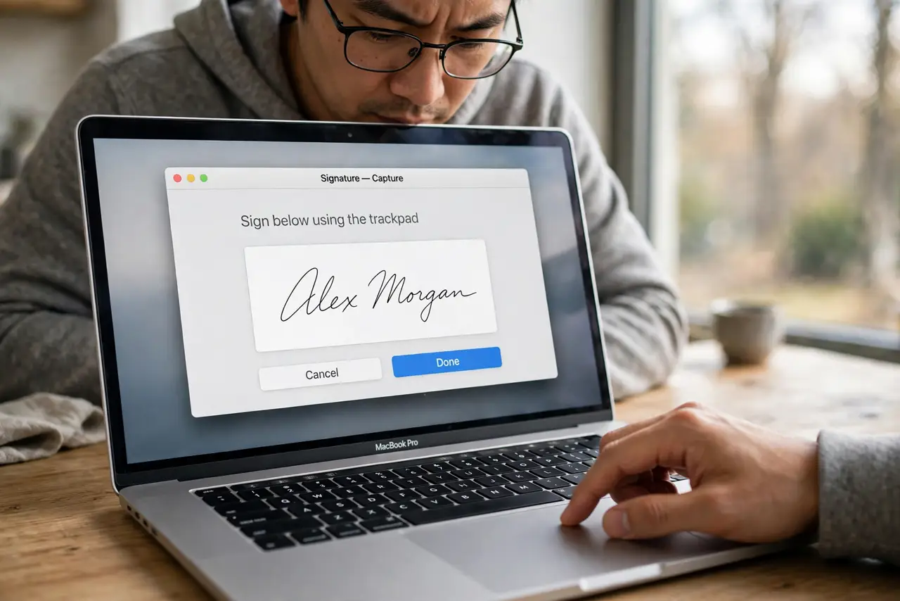 A person drawing a signature with one finger on a real MacBook trackpad, the signature capture window showing the drawn signature fully legible, the person's face concentrated.
