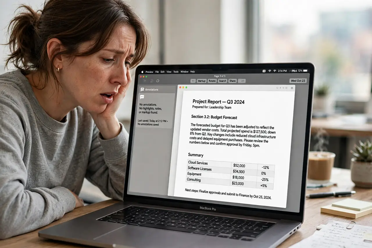 Preview Won't Save Your PDF Edits — a dismayed adult looking at a MacBook with Preview open on an annotated PDF with fully legible text, the annot