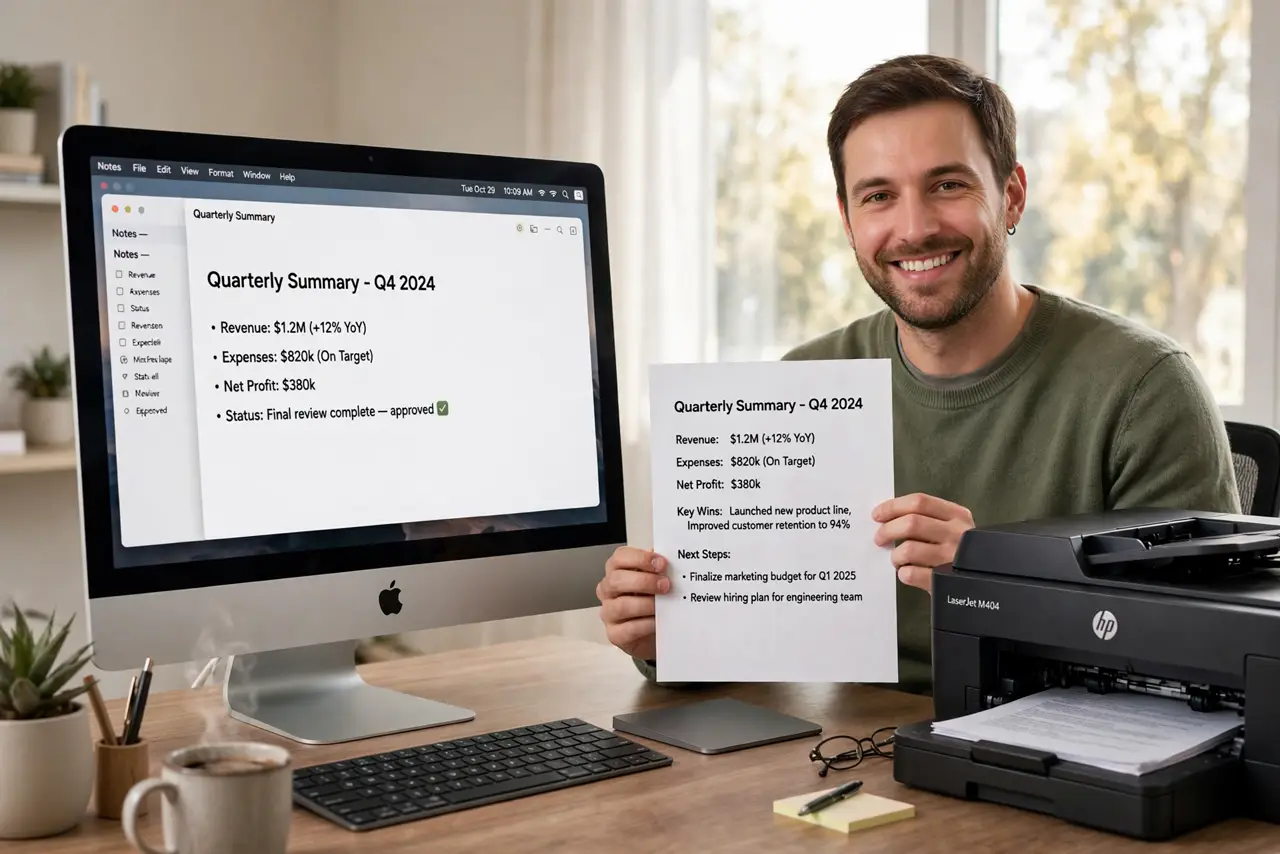 Make Double-Sided the Default on Mac — a calm adult at a desk next to a real printer holding a freshly printed double-sided document with legible tex