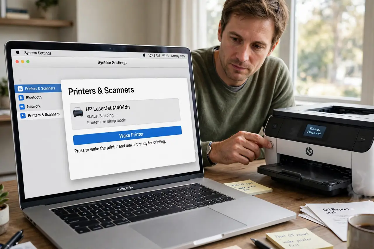 A person performing the first step: Wake the printer fully.