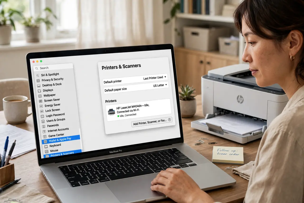 a calm adult at a desk with a real Mac laptop and a real printer nearby, the macOS Printers and Scanners settings screen clearly visible and legible on the real Mac screen.