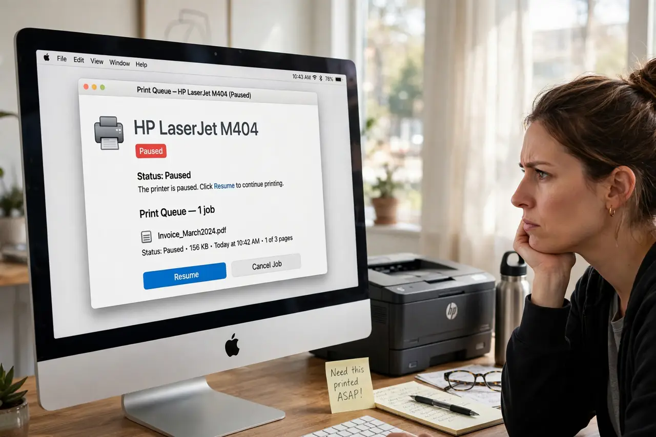 Printer Paused and Won't Resume on Mac — an impatient adult looking at a Mac print queue window showing paused status with fully legible text, a real p