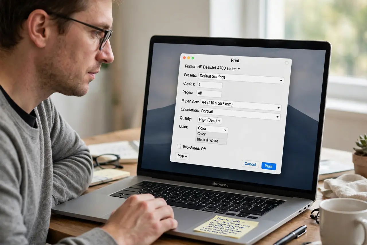 Printer Presets Reset on Every Print — step 1 being performed on the device.