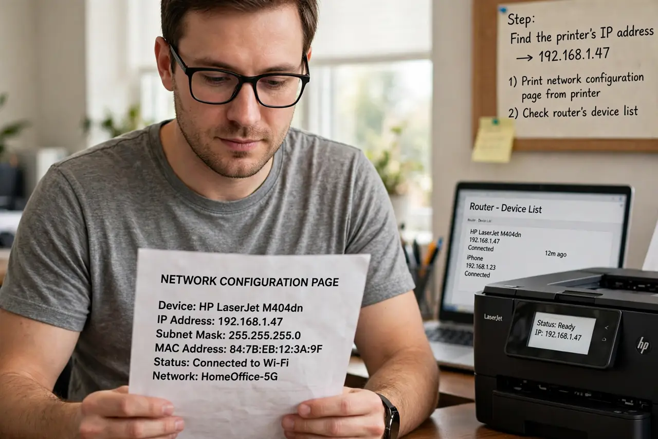 A person performing the first step of the guide: Find the printers IP address.