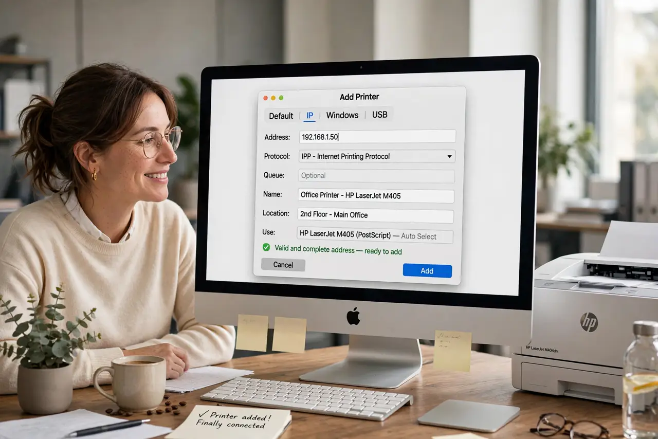 a person at a real desk with a Mac showing the Add Printer dialog with the IP tab selected and legible fields, a real printer nearby, the person's face relieved, office.