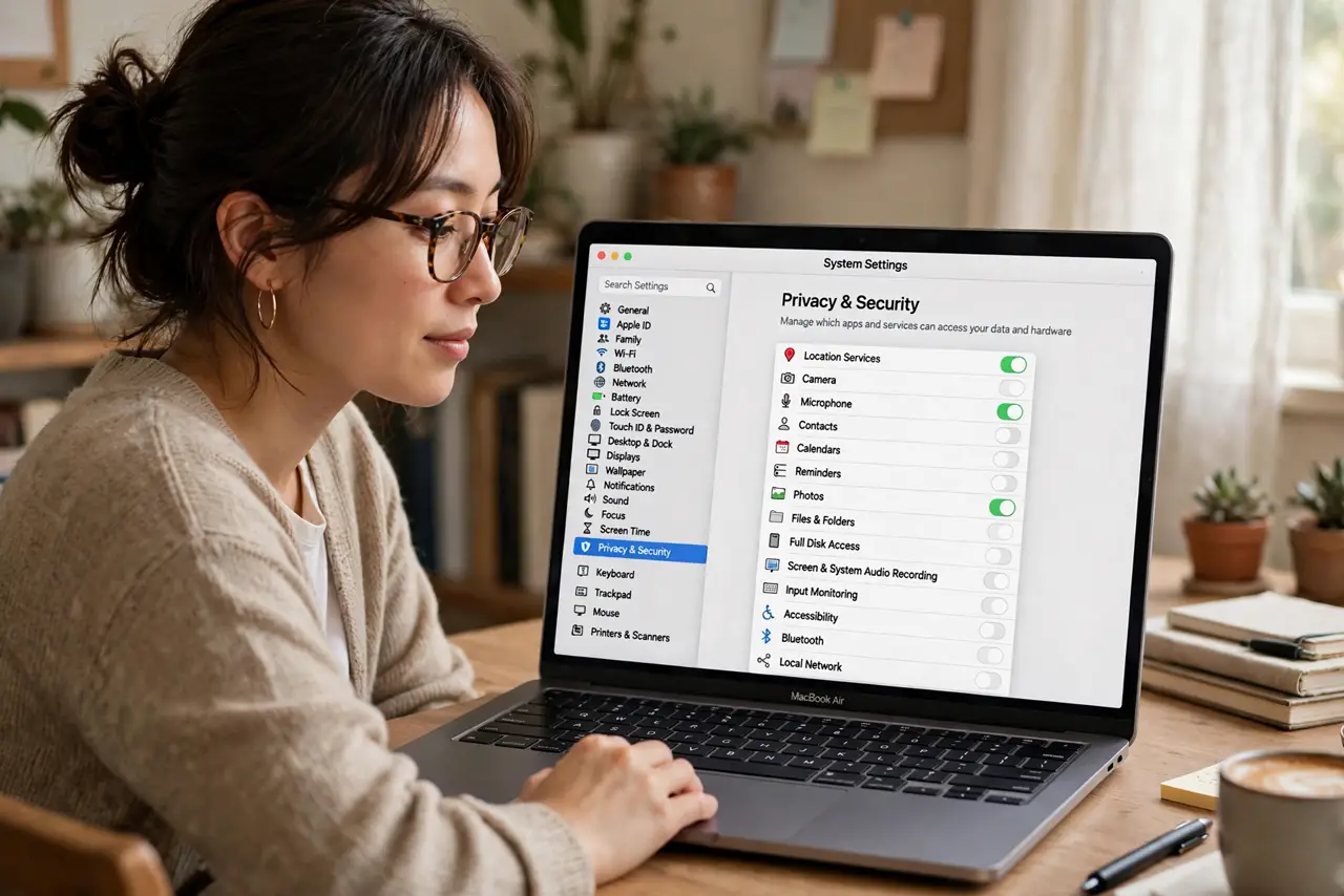 A person sitting at a real desk looking at a real MacBook screen showing System Settings open to Privacy & Security with a legible list of permission…