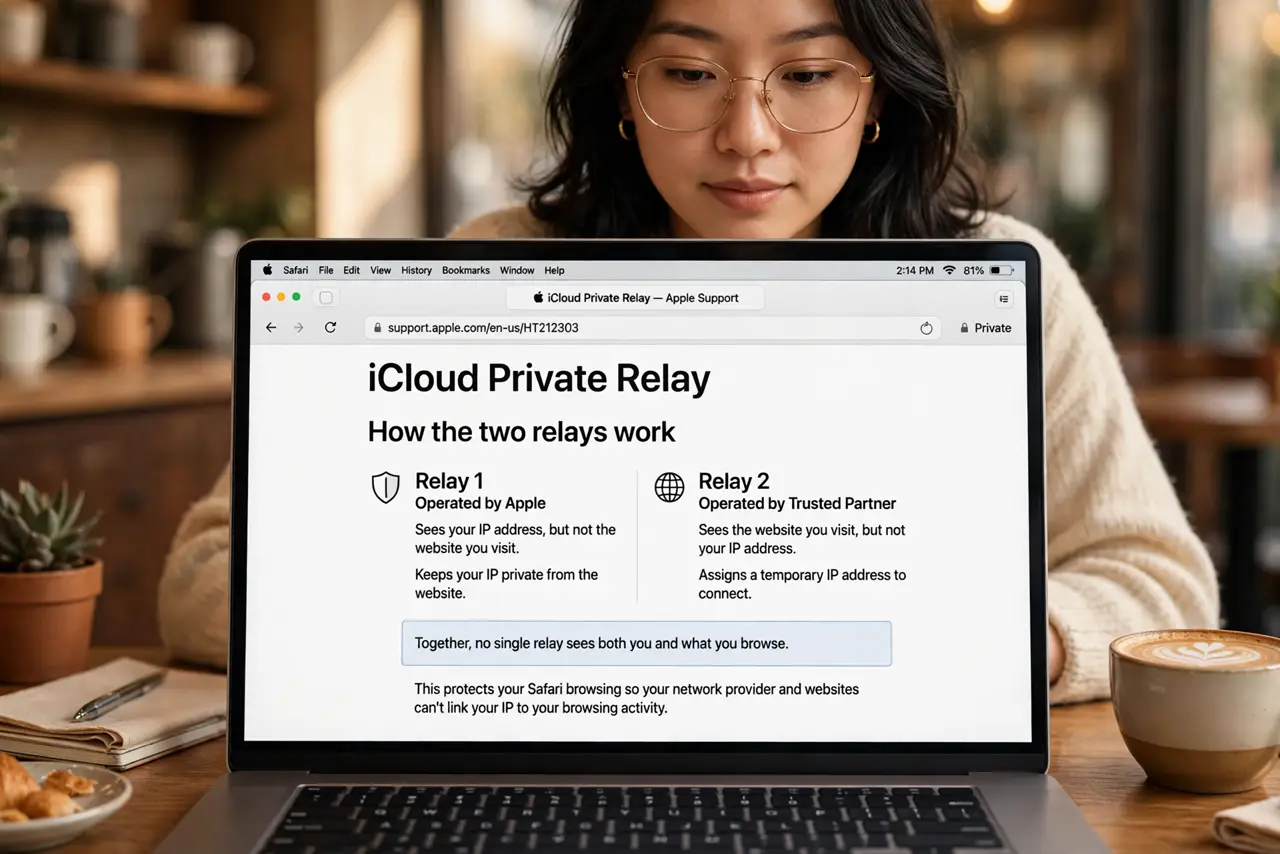 A person performing the first step: Understand the two-relay trick. Relay one (Apple) knows who you are but not where.