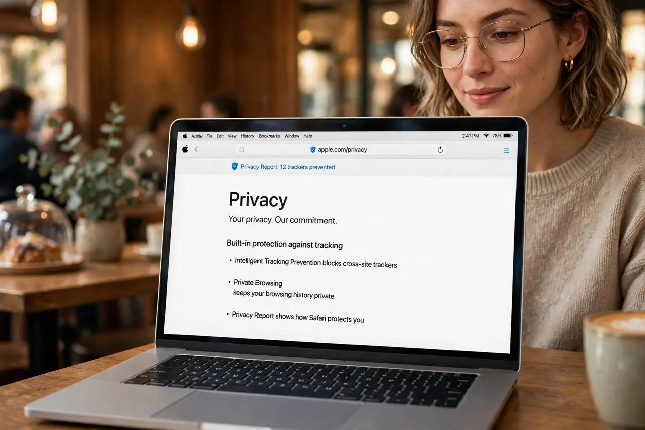 A person browsing on a MacBook in a cafe, the laptop screen showing Safari with a webpage and a small privacy