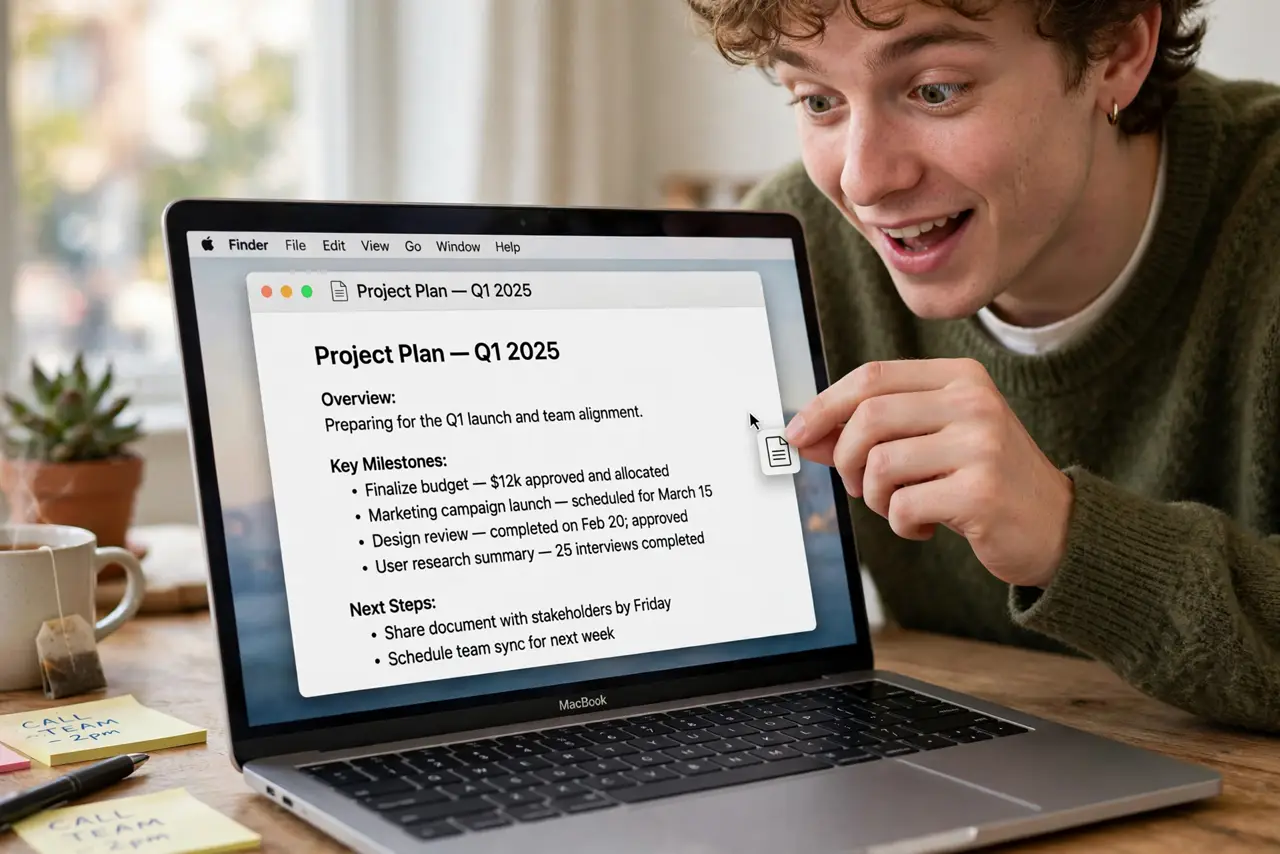 a person dragging from the small proxy icon in a real Mac document window title bar, the window showing a document with legible text, the person's face pleasantly surprised. No bla.