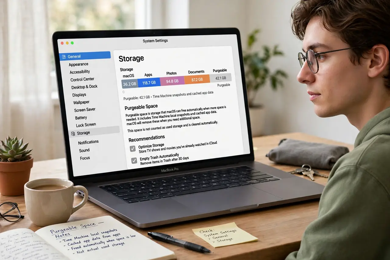 A person performing the first step: Learn what purgeable actually is. Local Time Machine snapshots, cached app data.