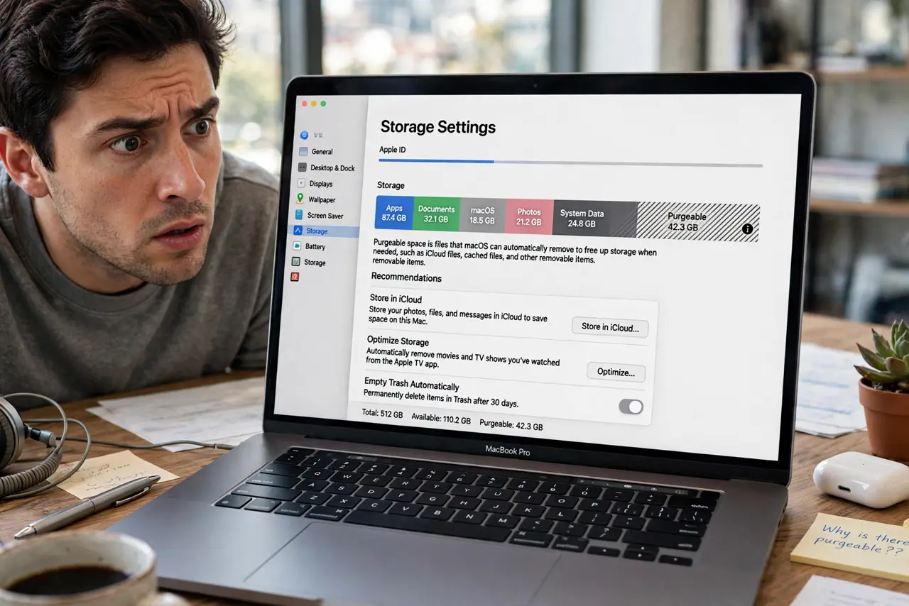 A puzzled person staring at the Mac storage display showing purgeable space with legible text, the person's face