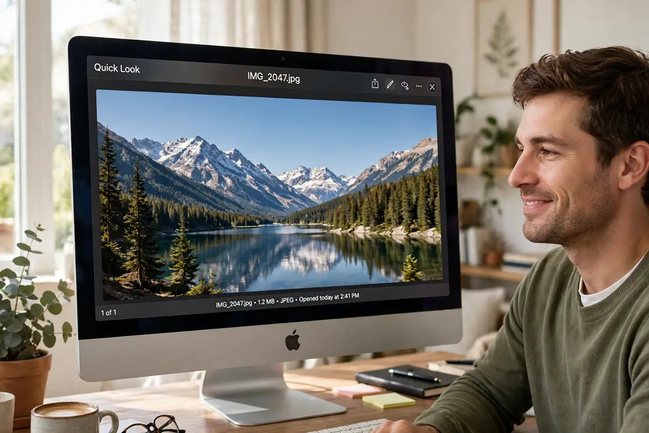 A person using a real Mac, the screen showing a fullscreen Quick Look photo preview fully legible, the person's face relaxed and pleased, home office.