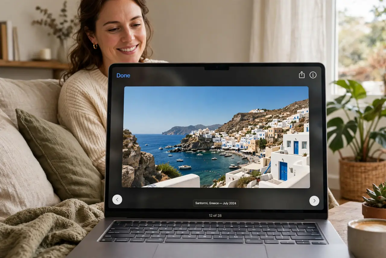 a person watching a real MacBook showing a full-screen Quick Look slideshow of vacation photos with navigation arrows visible, the person's face relaxed and enjoying, cozy living r.