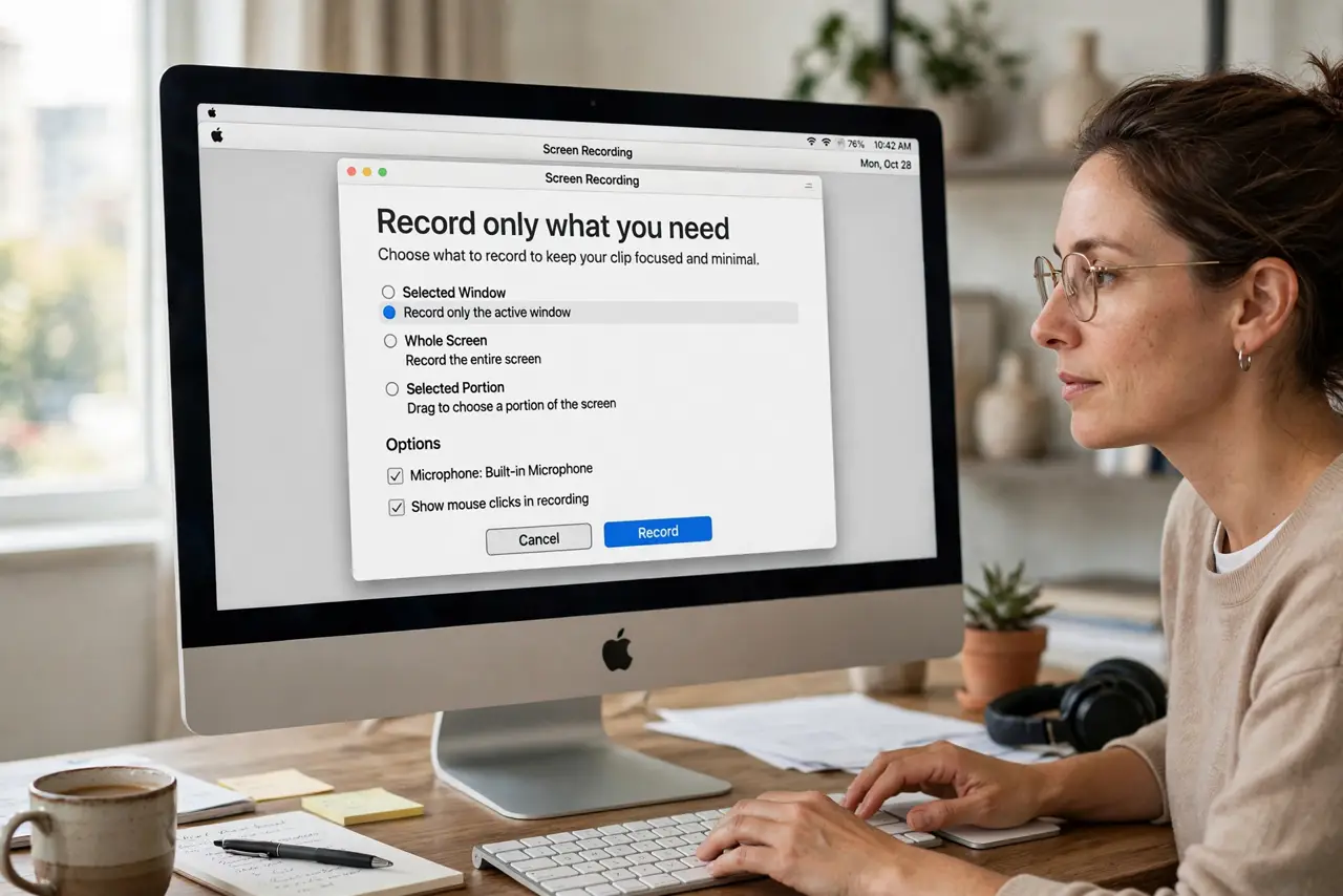 Step 1 in action for Screen Recordings Too Large on Mac: Record only what you need.