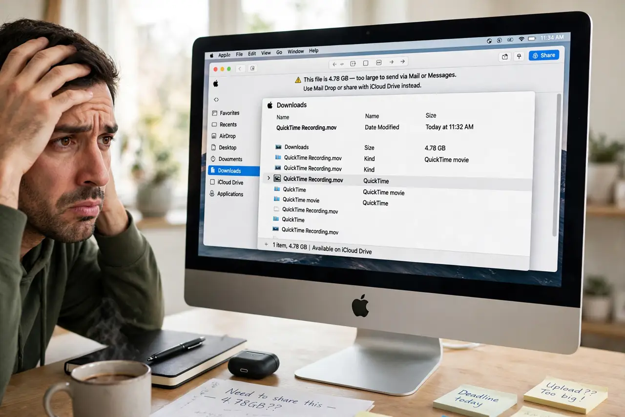 Screen Recordings Too Large on Mac — a frustrated adult looking at a Finder window showing a giant QuickTime recording file size with fully legible
