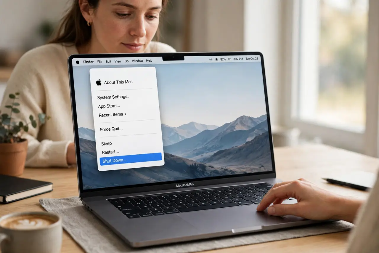A person performing step 1: Shut the Mac down fully. Apple menu, Shut Down — not sleep, not restart. The power-button hold only works from.