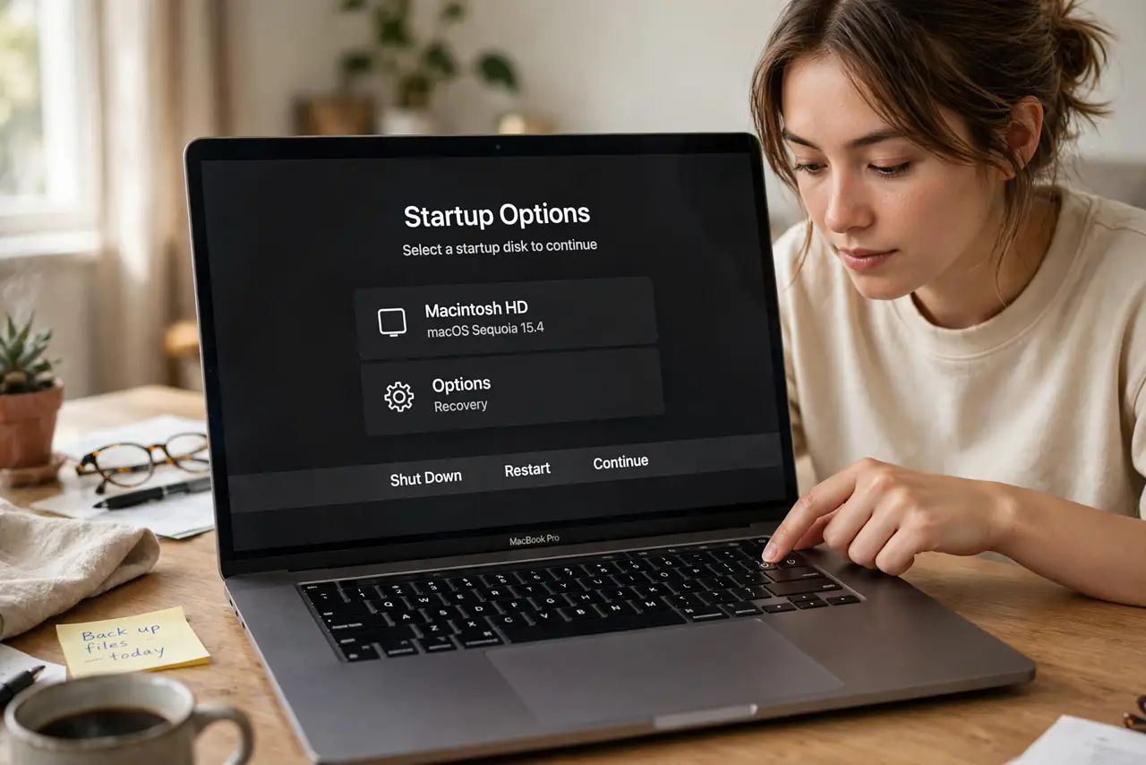 A person pressing and holding the power button on a real MacBook, the screen showing startup options with legible text, the person's face focused, desk.