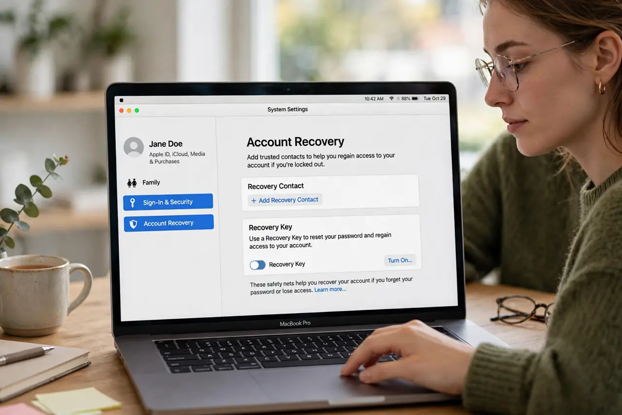 A person performing the first step of the guide: Open Account Recovery settings. Go to System Settings, click your name at the top, then Sign-In and Security.