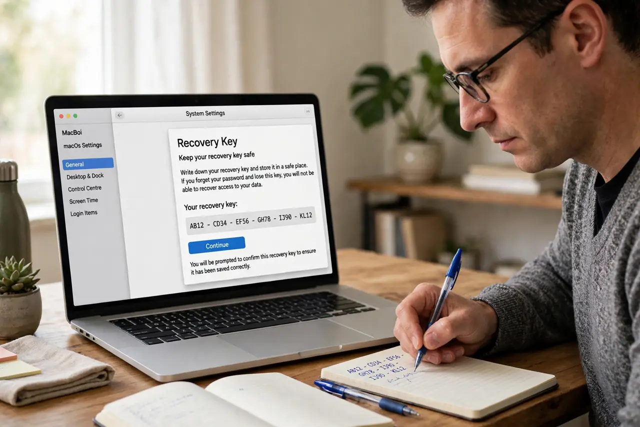 A person writing down a long recovery code from a real Mac screen showing the recovery key setup with legible characters, pen and paper on a desk.