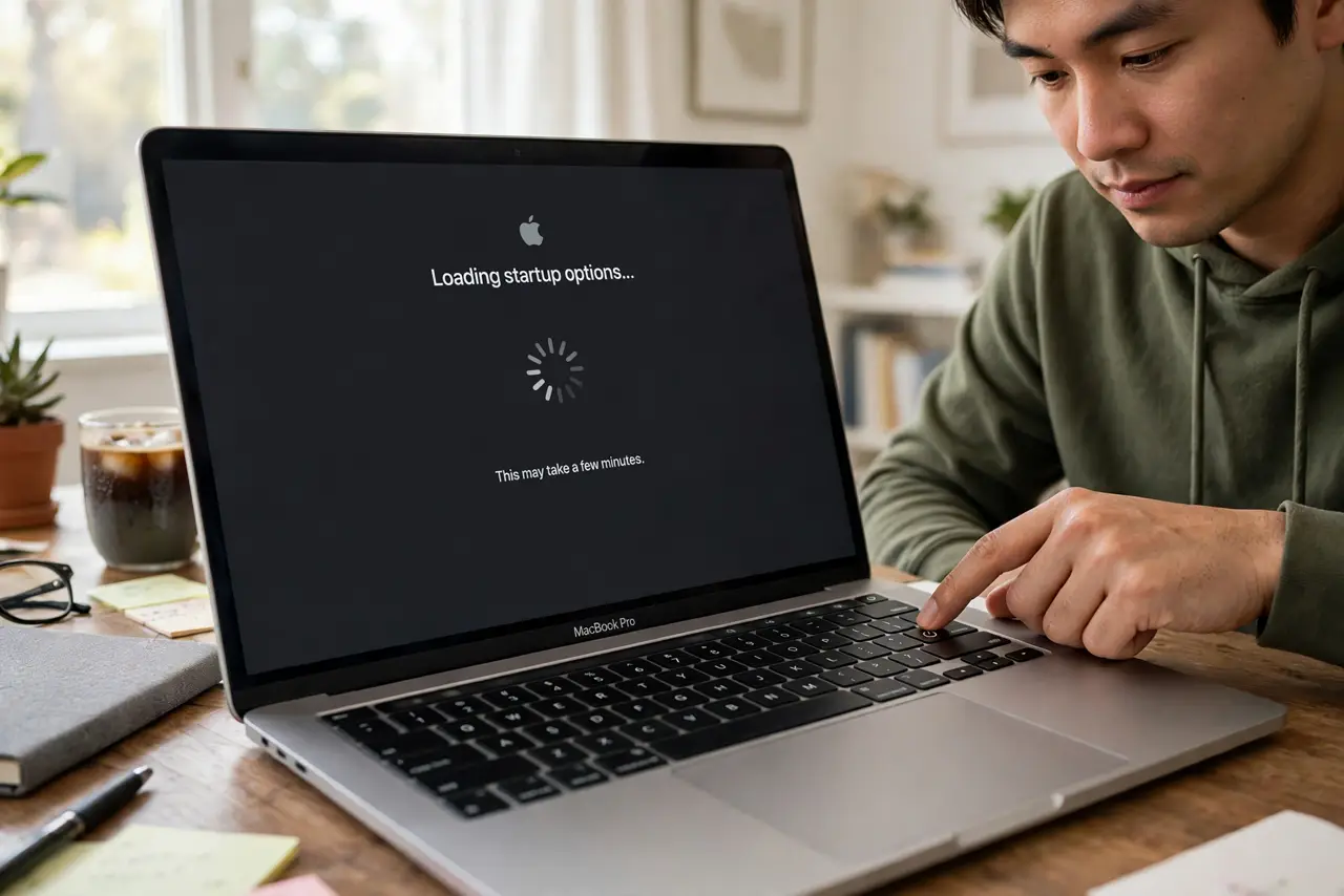 A person performing the first step: Enter Recovery correctly for your Mac. Apple silicon: shut down, press and hold the.